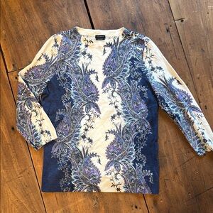 Talbots Pure Cashmere Paisley 1/4 Sleeve Top in Cream & Blue - S/M